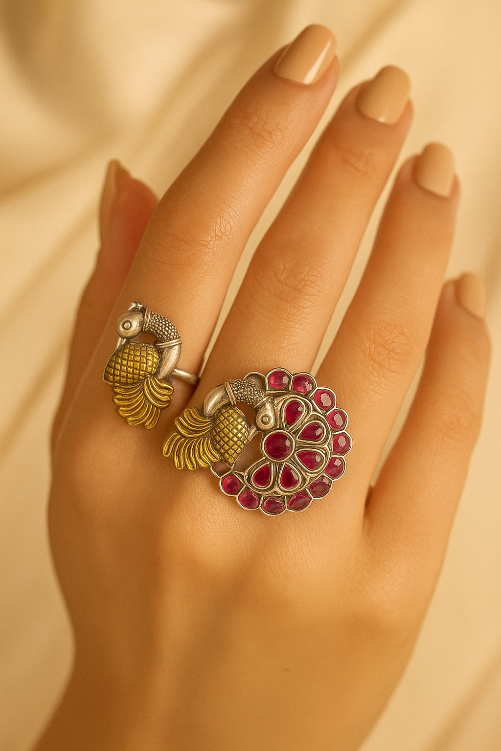 Dual Peacock Adjustable Oxidized Silver Ring with Ruby Red Stones