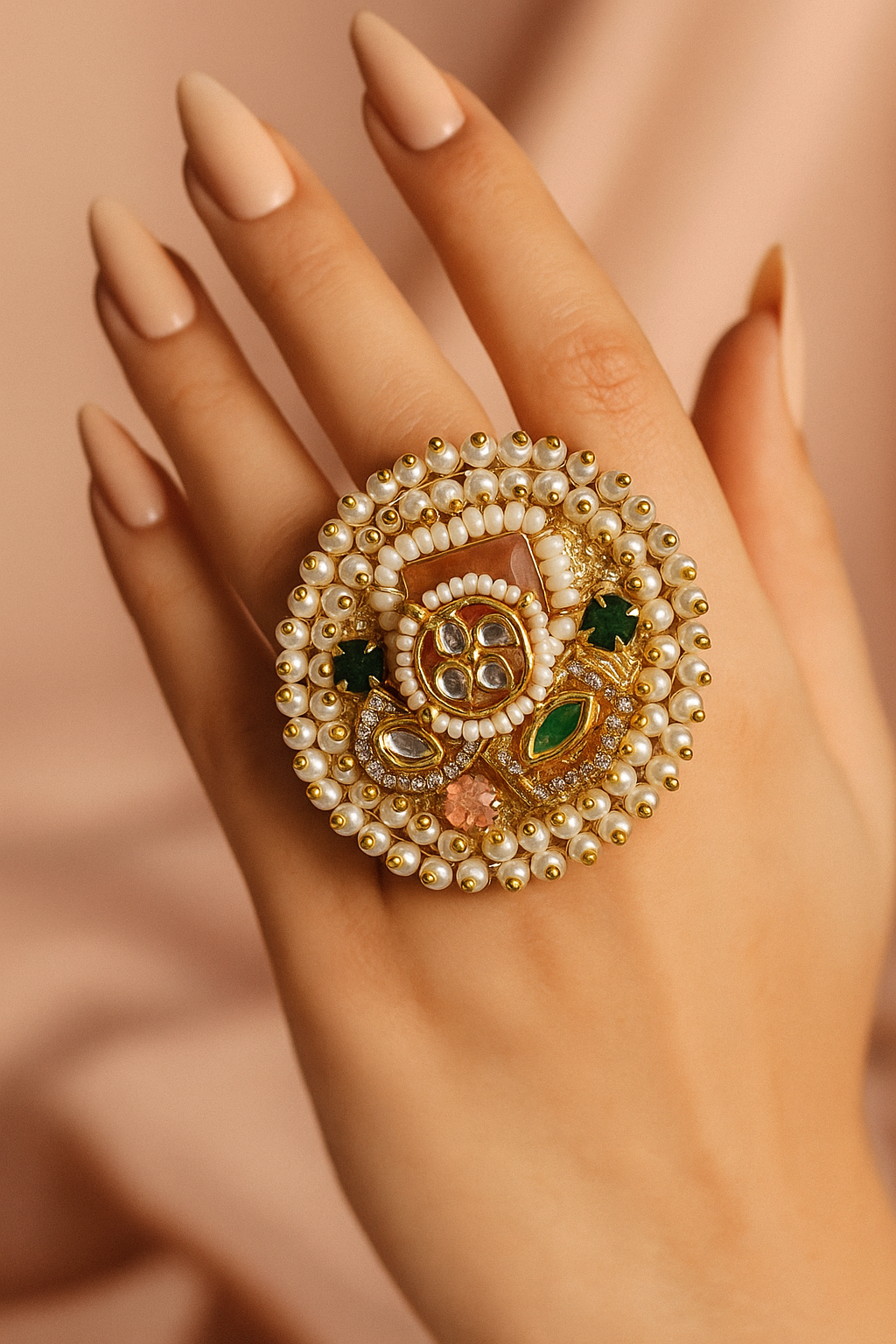 Royal Pearl & Kundan Multi-Stone Adjustable Ring