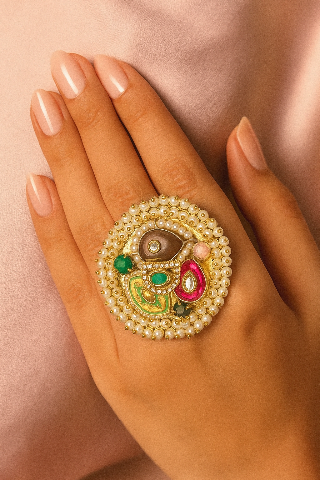 Pearl-Embellished Multi-Stone Adjustable Kundan Ring