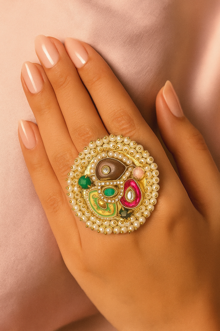Pearl-Embellished Multi-Stone Adjustable Kundan Ring