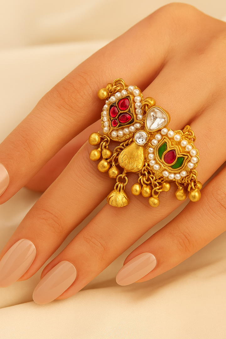 Lotus & Floral Kundan Adjustable Ring with Pearls & Ghungroo