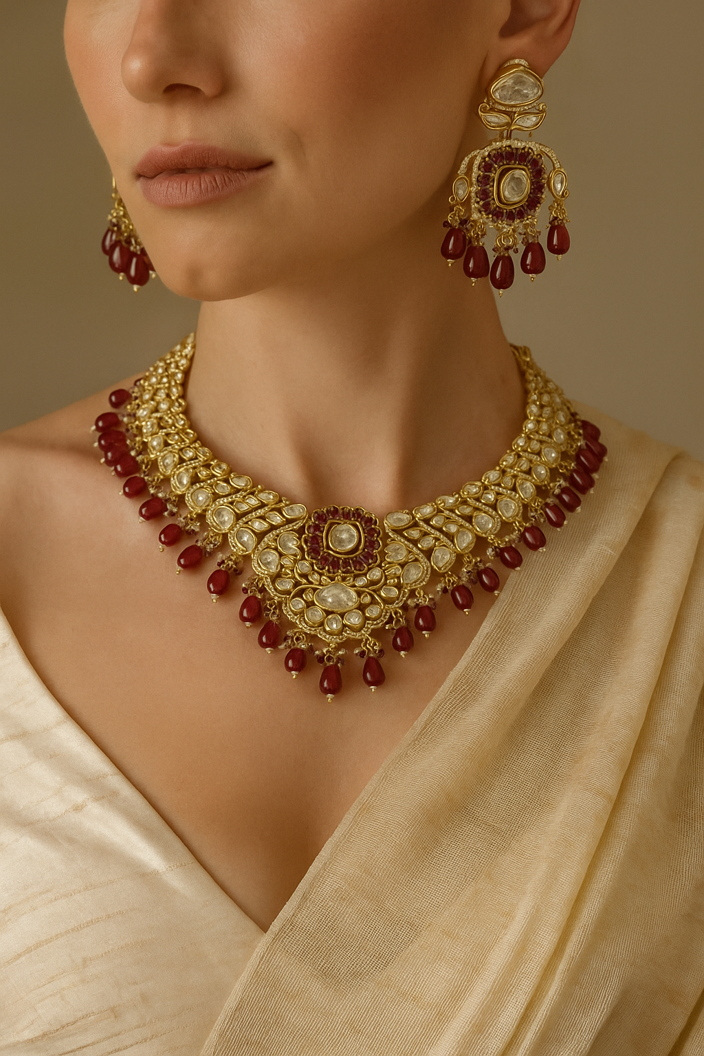 Royal Red Kundan Bridal Necklace Set with Earrings