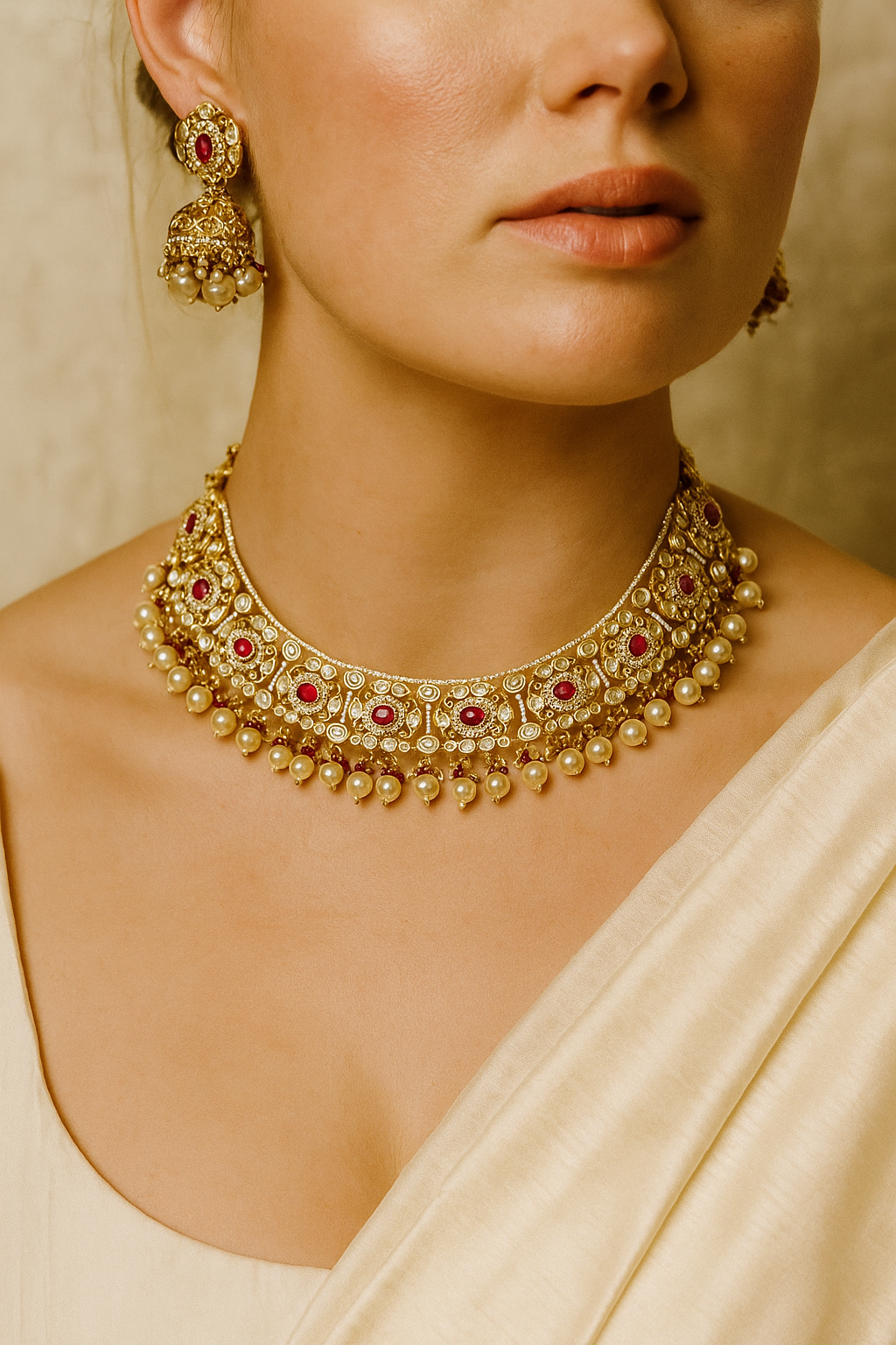 Elegant Red Kundan Pearl Bridal Necklace Set with Jhumka Earrings