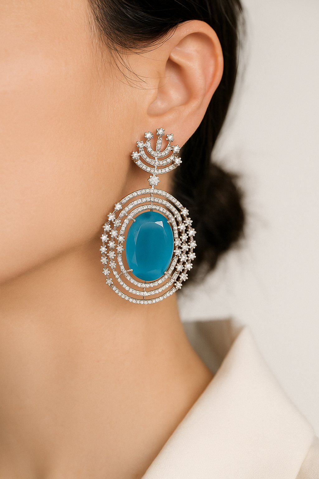 Royal Blue Stone Diamond Look Statement Earrings