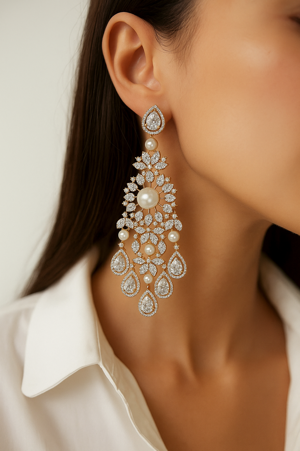 Pearl & Diamond Teardrop Long Statement Earrings