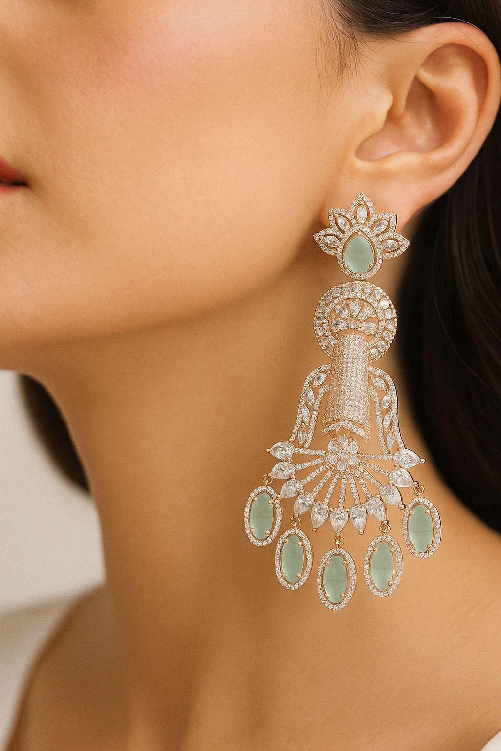Emerald Green & Diamond Statement Long Earrings