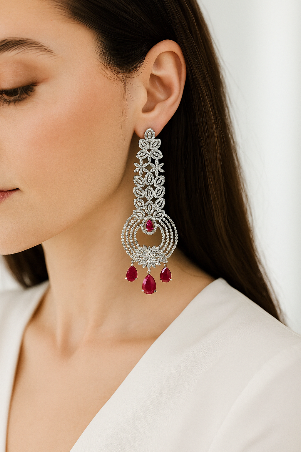 Silver & Ruby Red Designer Statement Earrings