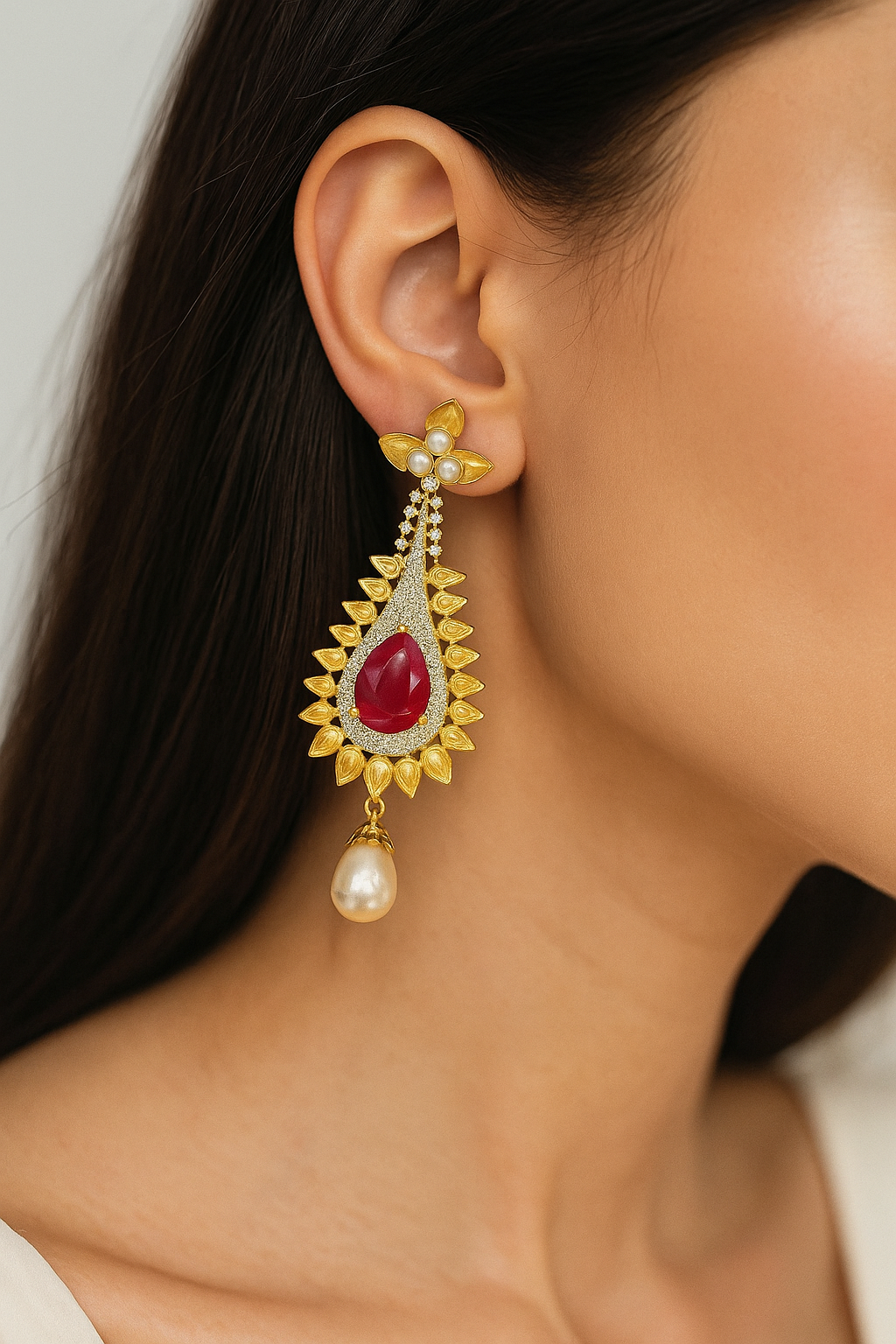 Gold Finish Ruby & Pearl Drop Earrings