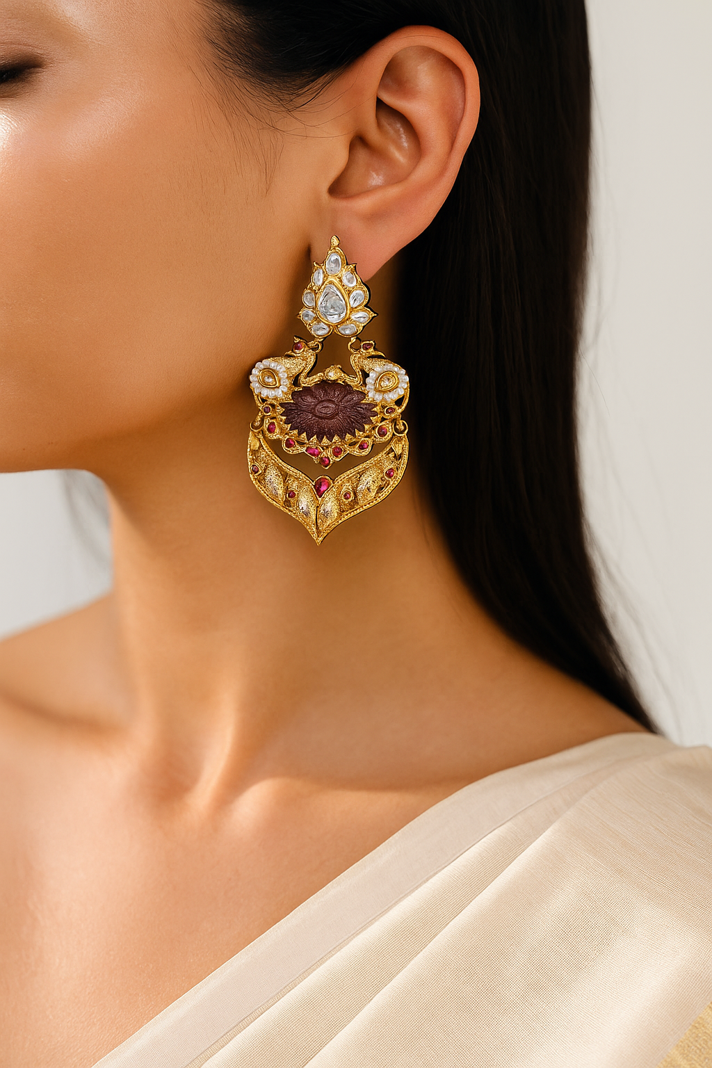 Antique Gold Ruby Peacock Earrings with Kundan & Pearls