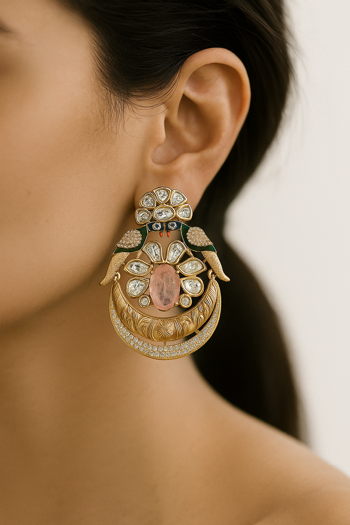 Peacock Design Pink Stone Kundan Earrings