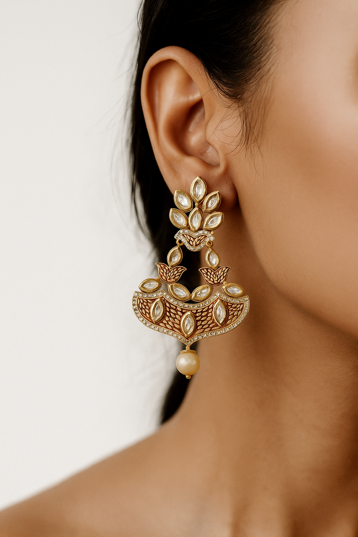 Golden Lotus Kundan Earrings with Pearl Drop – Traditional Designer Jewellery