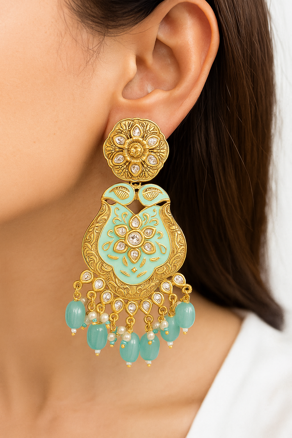 Mint Green Meenakari Earrings with Beaded Drops – Traditional Designer Jewellery