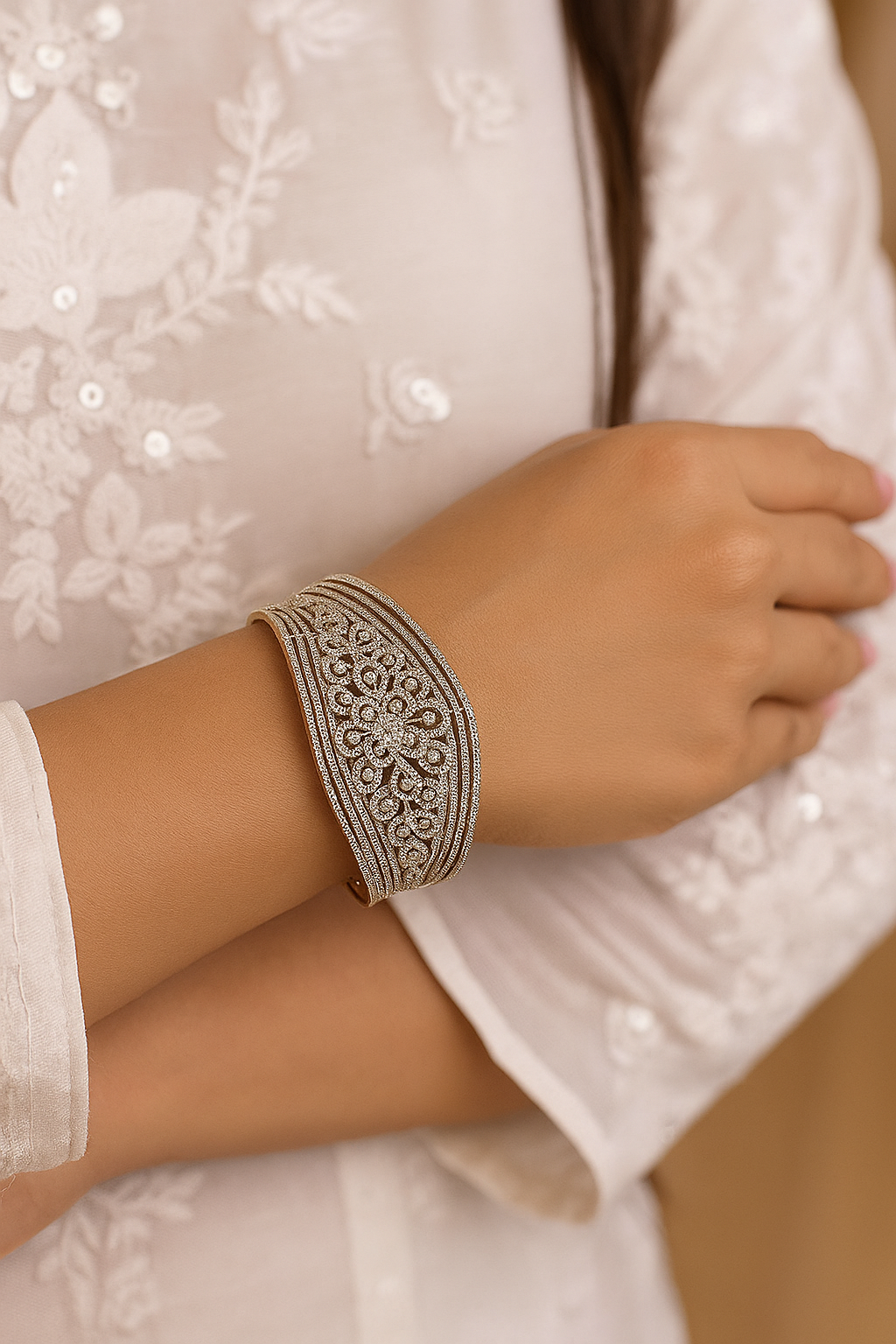 Floral CZ Openable Bracelet in Dual Tone Finish