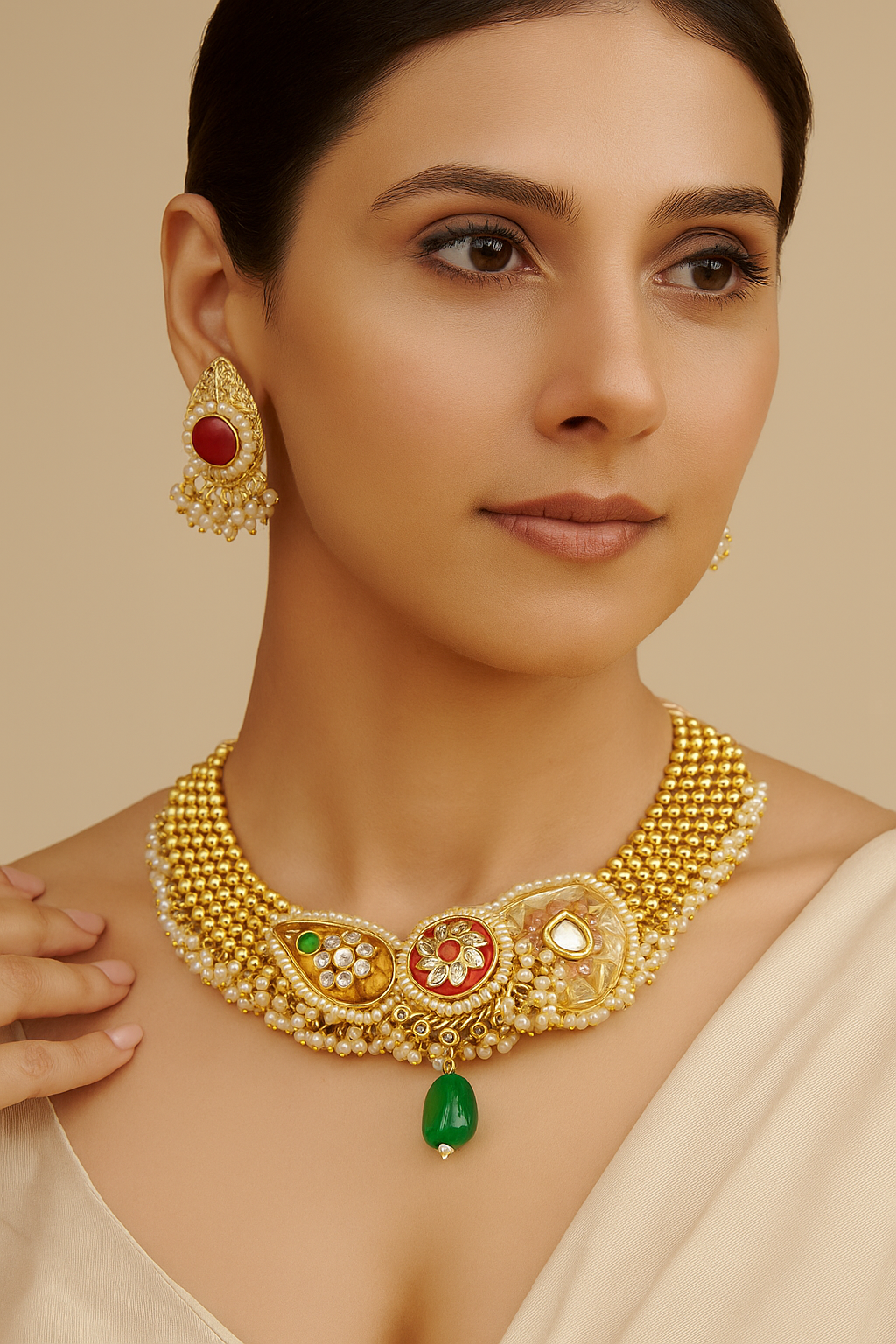 Majestic Kundan Pearl Choker Set with Red Stone Earrings