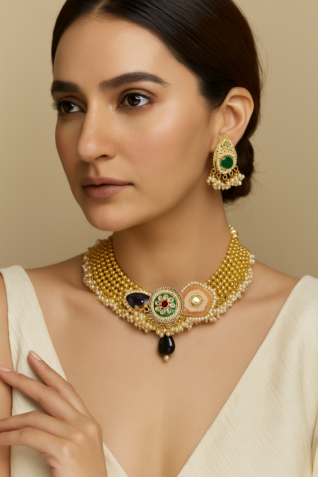 Royal Kundan Pearl Choker Set with Green Stone Earrings