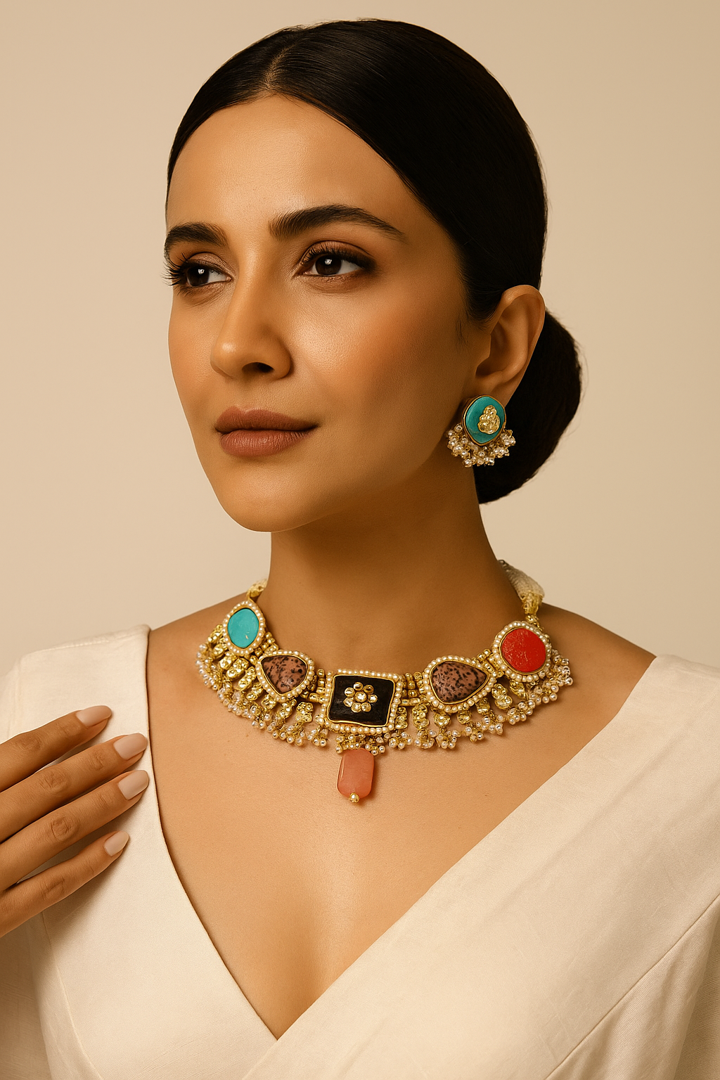 Multicolor Stone Kundan Pearl Choker Necklace Set