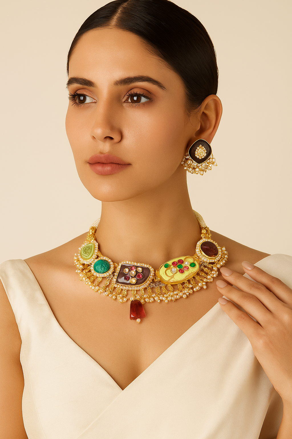 Royal Multicolor Stone Kundan Pearl Choker Set