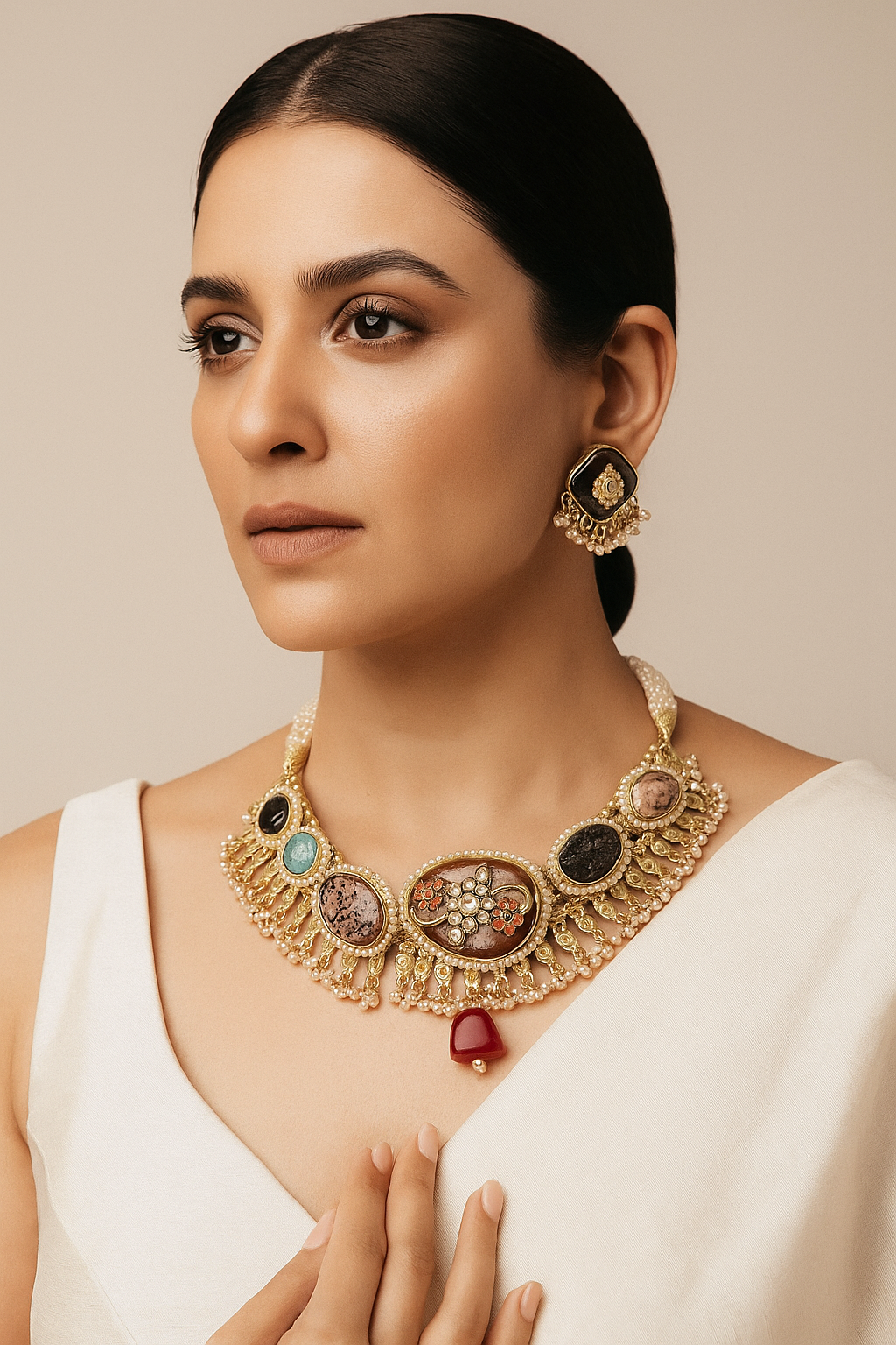 Heritage Black Stone Kundan Choker Necklace Set with Pearls