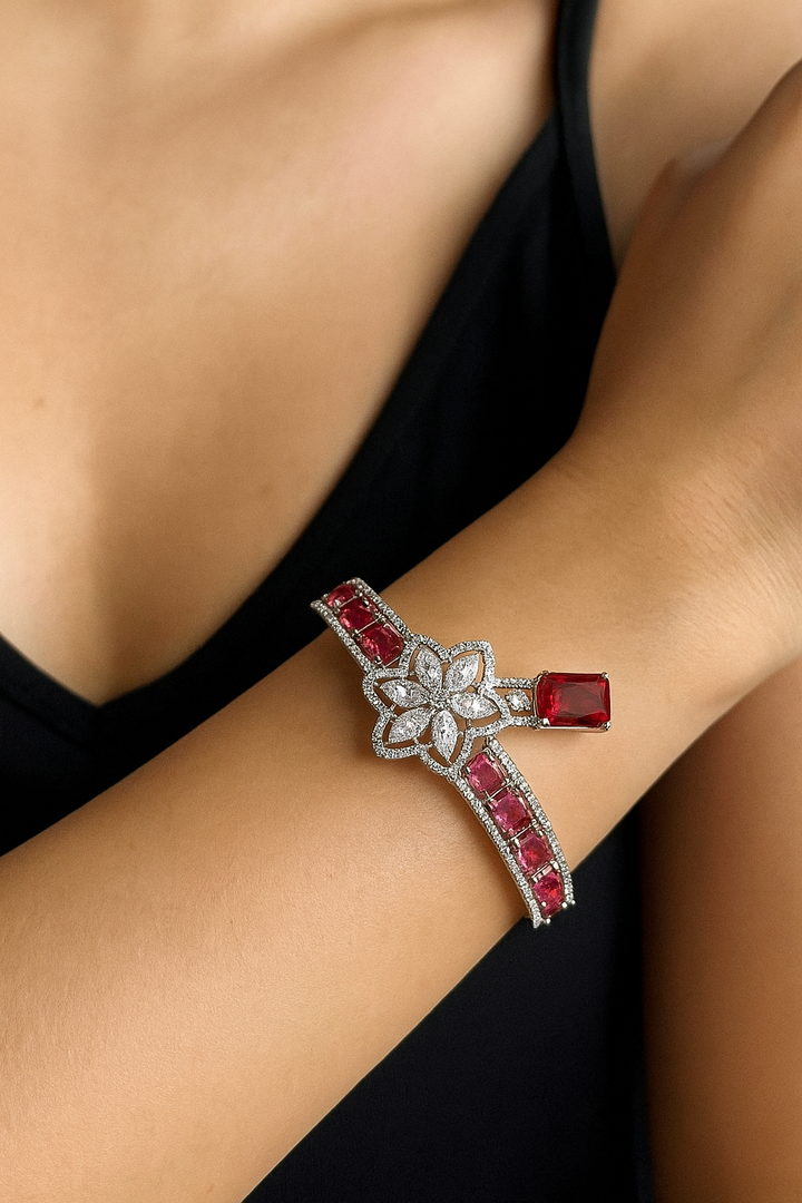 Ruby Red Stone Openable Bracelet with Floral CZ Design