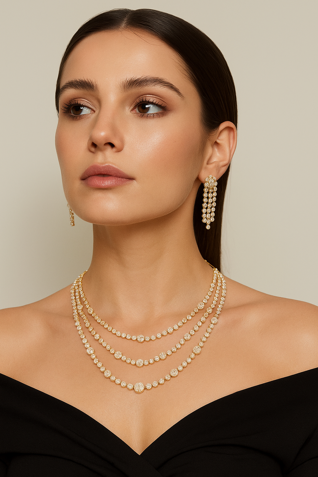 Triple Layer Diamond Look Necklace Set with Earrings