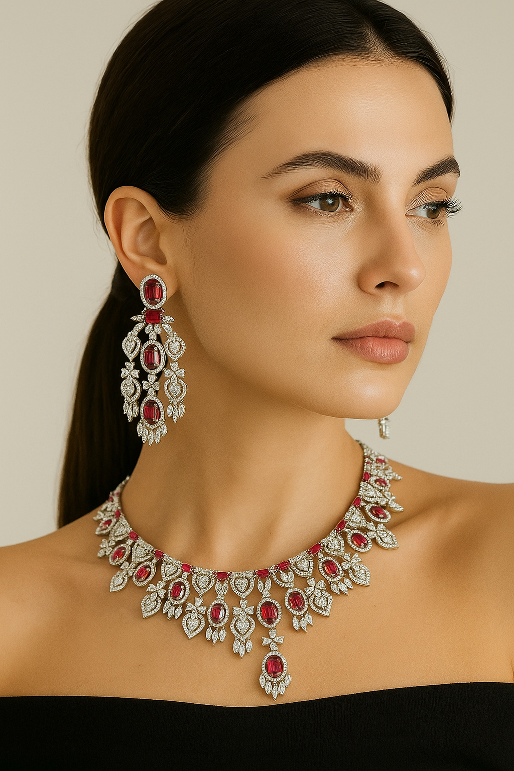 Royal Ruby Diamond Look Bridal Necklace Set with Long Earrings