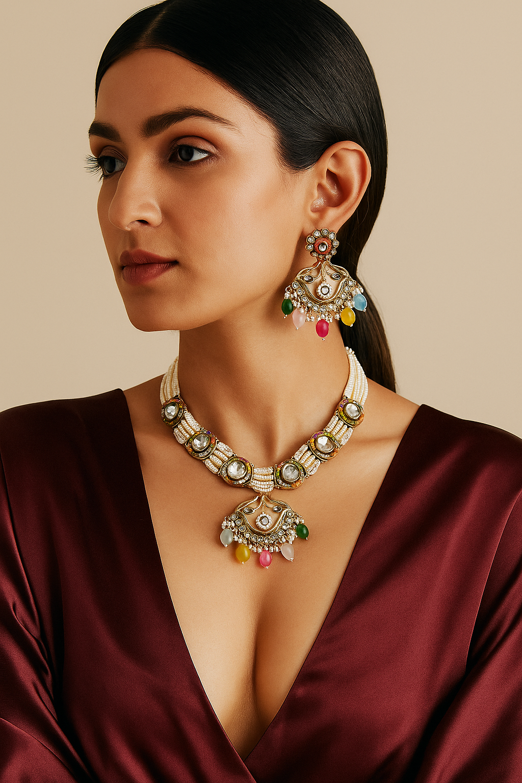 Traditional Kundan & Pearl Multicolor Necklace Set with Earrings & Maang Tikka