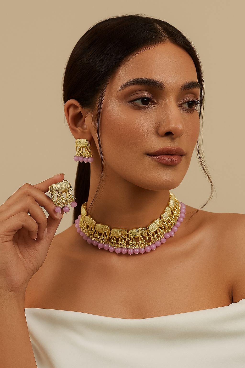 Golden Elephant Motif Choker Necklace Set with Earrings