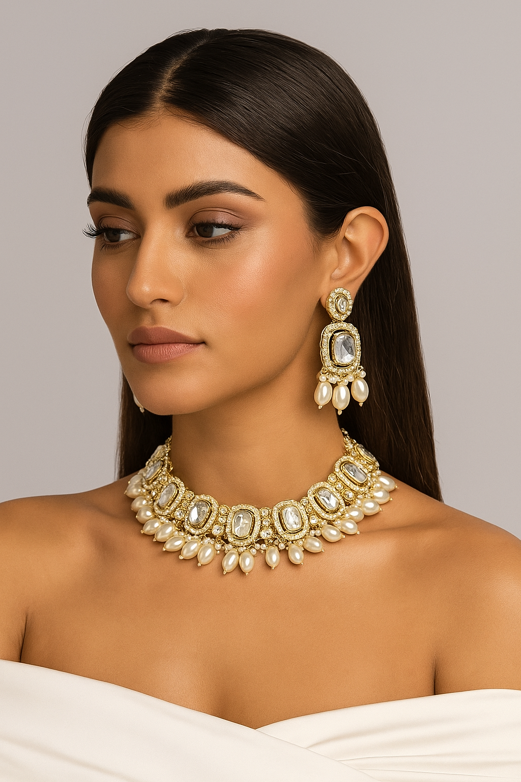 Royal Kundan Pearl Choker Necklace Set with Earrings & Maang Tikka