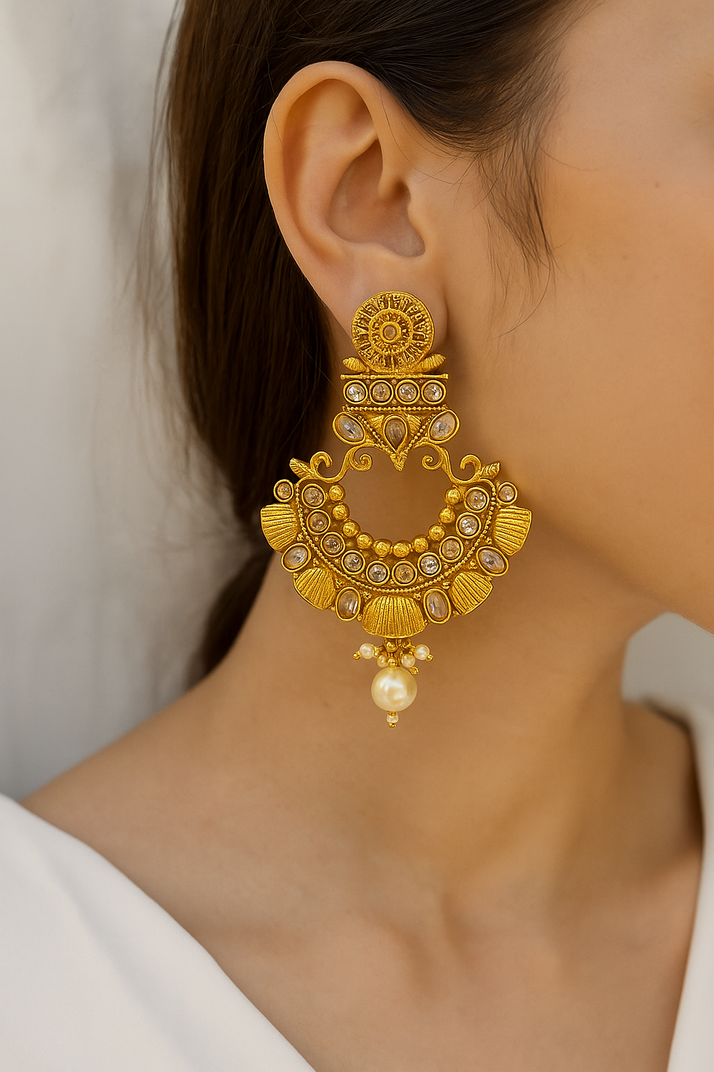Antique Kundan Temple Earrings with Pearl Drops