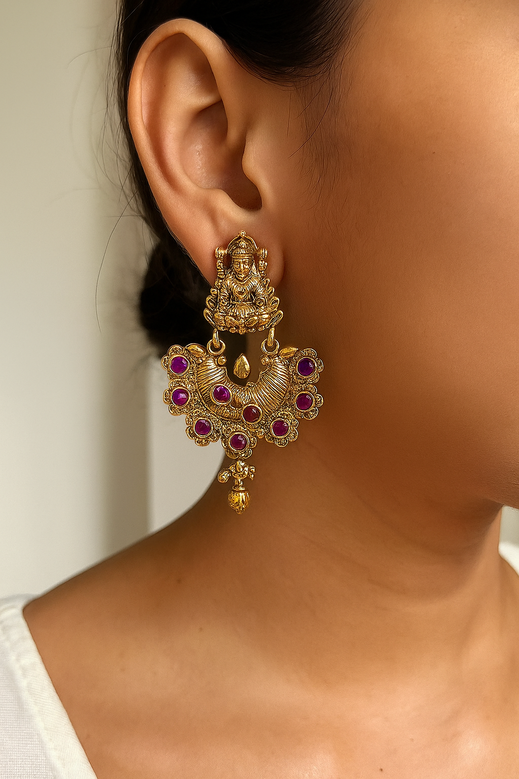 Antique Goddess Lakshmi Temple Earrings with Ruby Stones