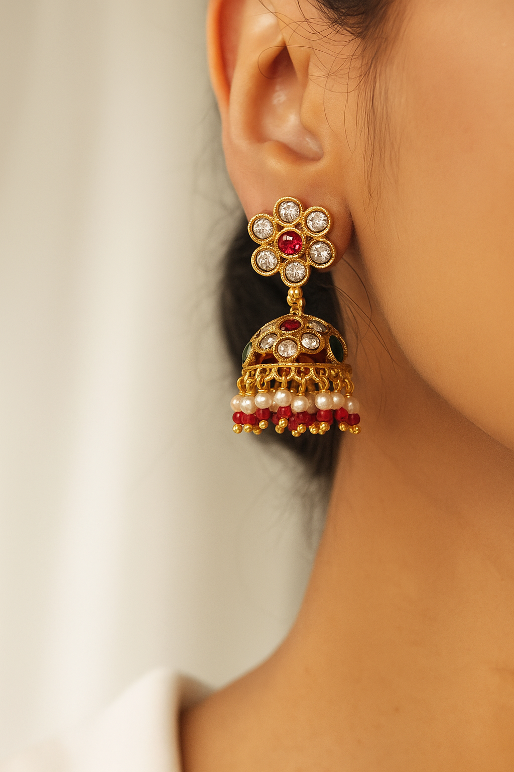 Floral Design Gold Plated Jhumka Earrings with Ruby, Emerald & Pearl Drops