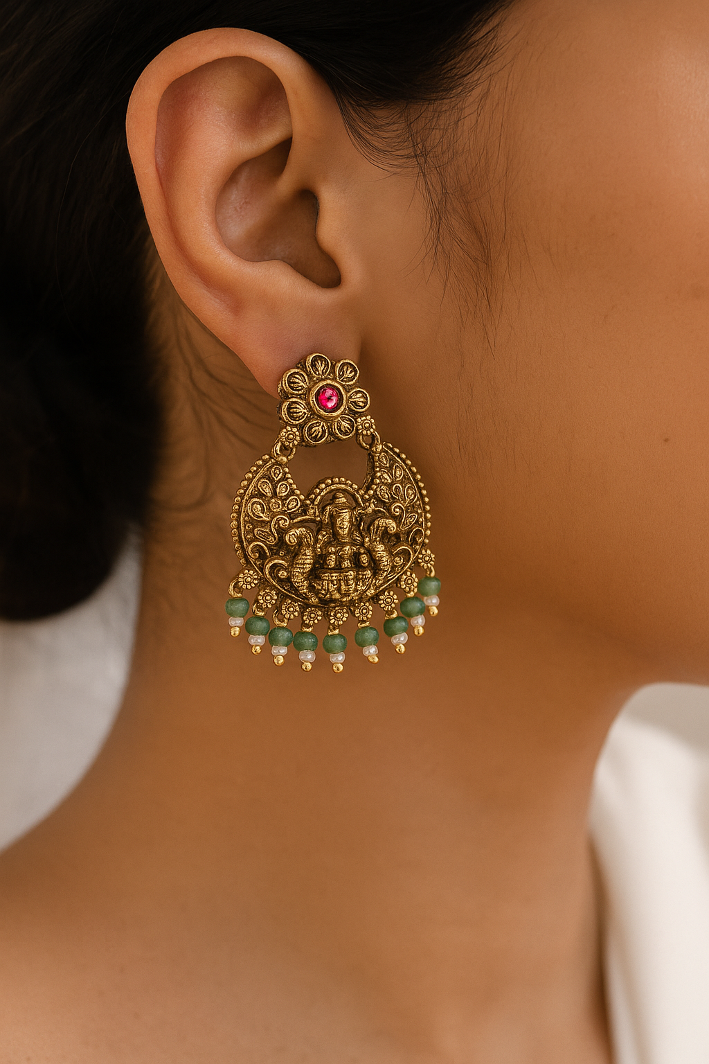 Antique Lakshmi Temple Earrings with Green Beads