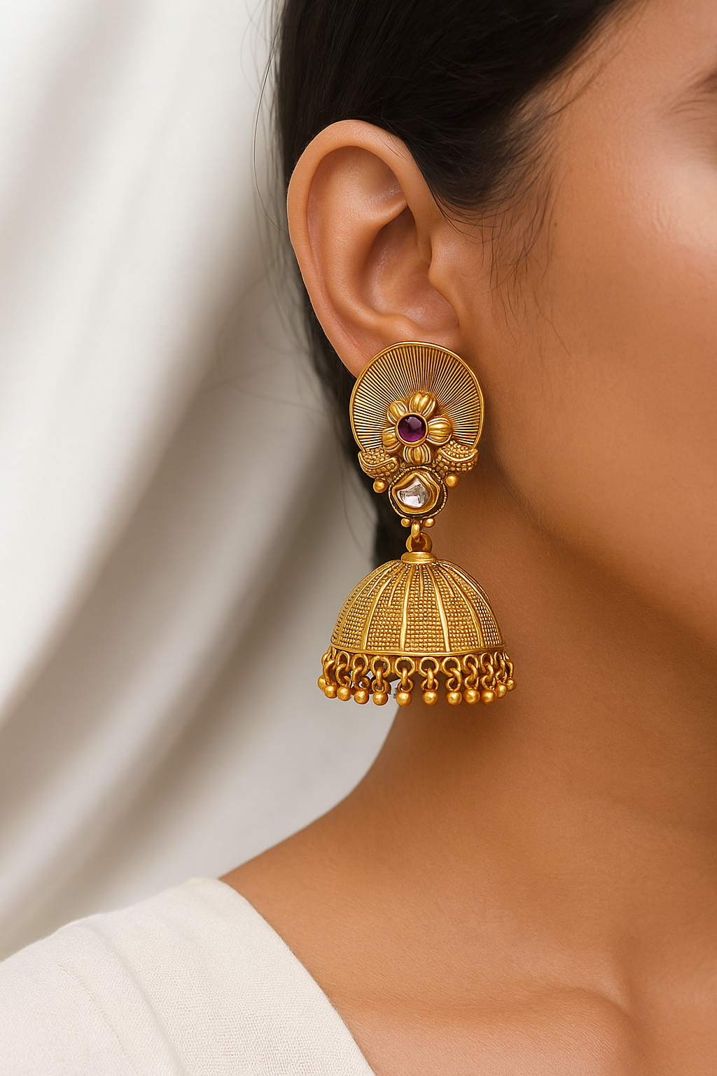 Antique Floral Dome Jhumka Earrings with Kundan & Bead Detailing