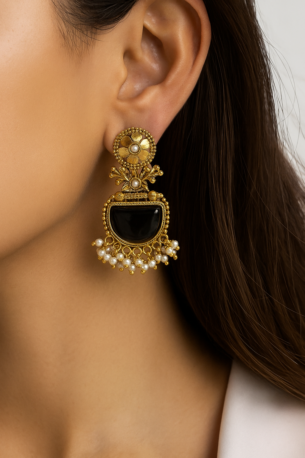 Antique Black Stone Earrings with Pearl Bead Detailing