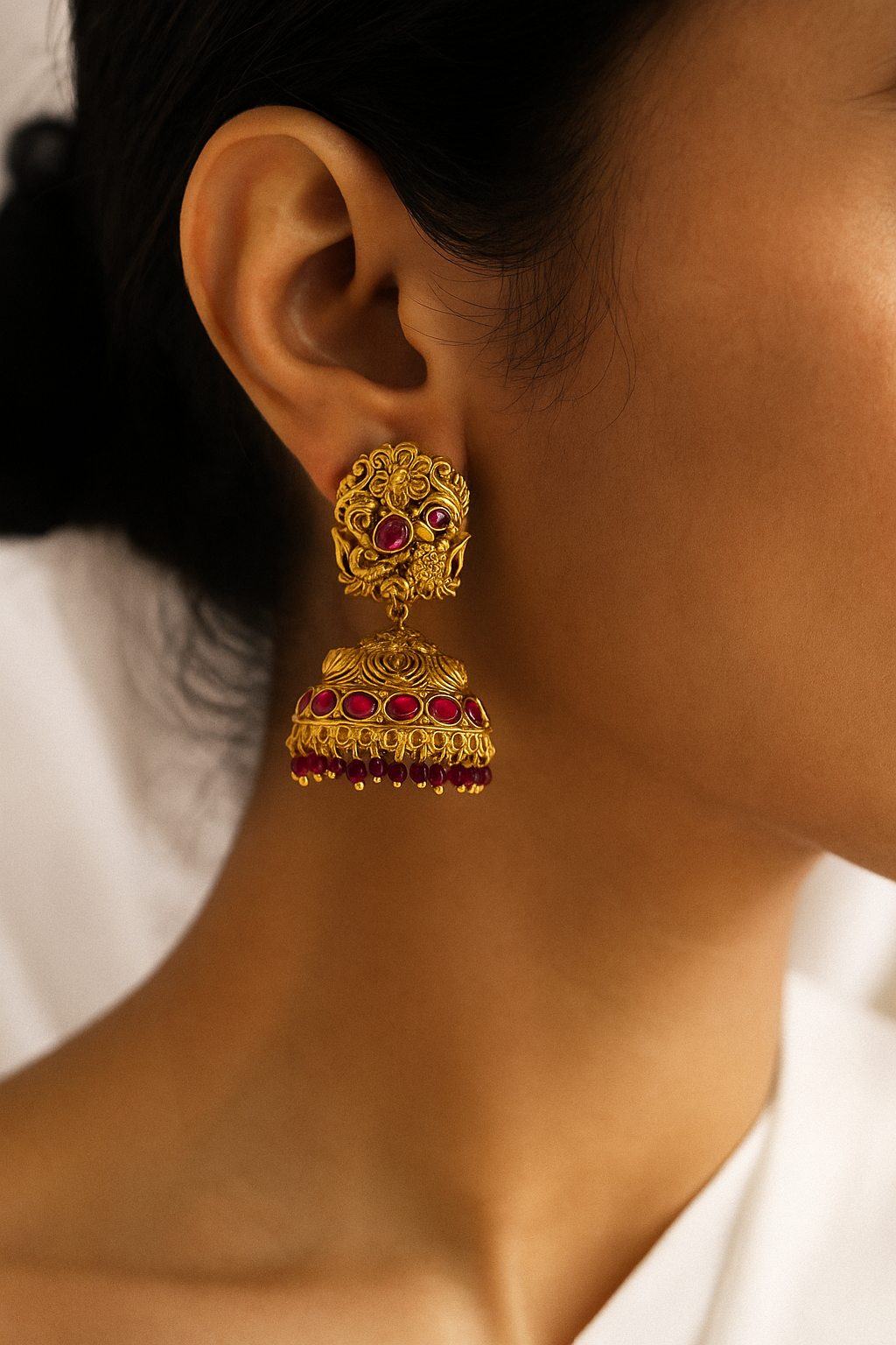 Antique Ruby Stone Peacock Jhumka Earrings