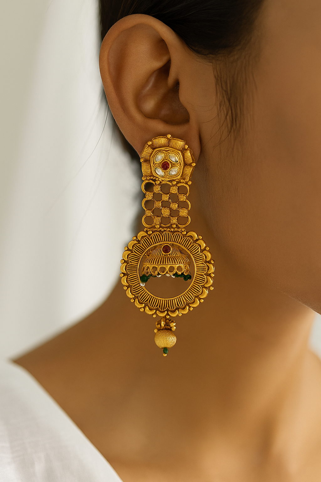 Antique Gold Circular Earrings with Kundan & Bead Detailing