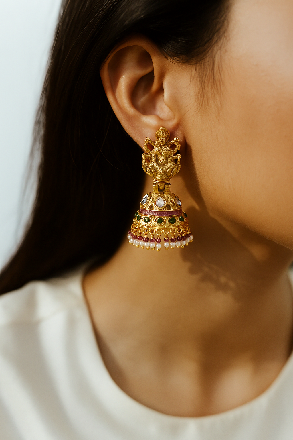Antique Lakshmi Jhumka Earrings with Kundan, Green & Pearl Detailing