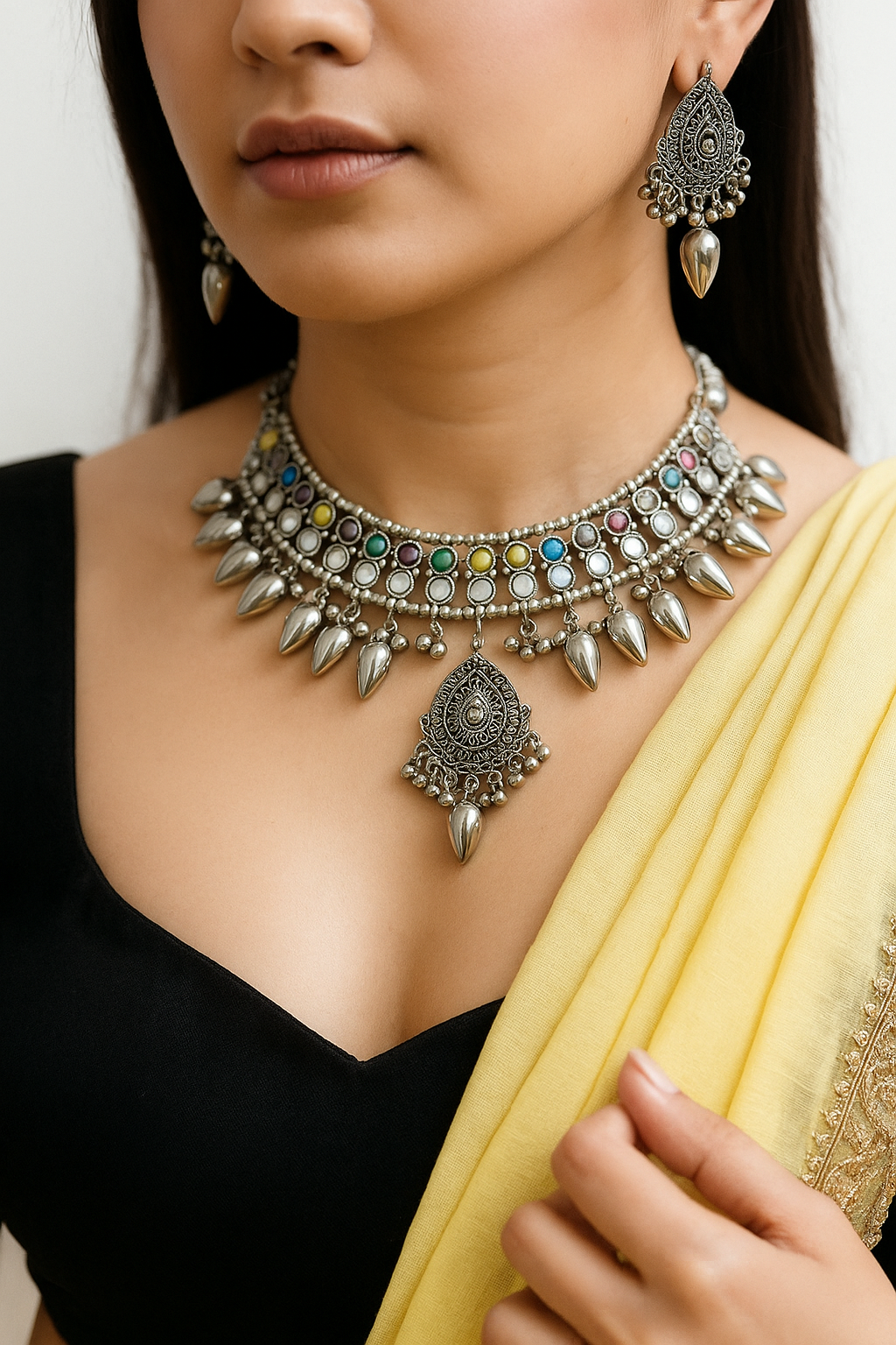 Multicolor Stone Oxidized Choker Necklace Set with Earrings