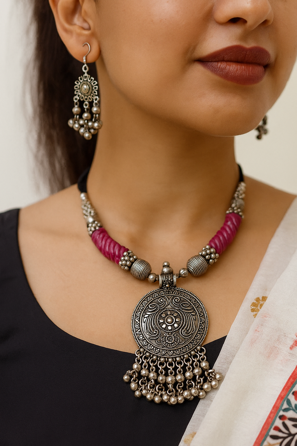 Oxidized Silver Round Pendant Necklace Set with Pink Beads & Earrings