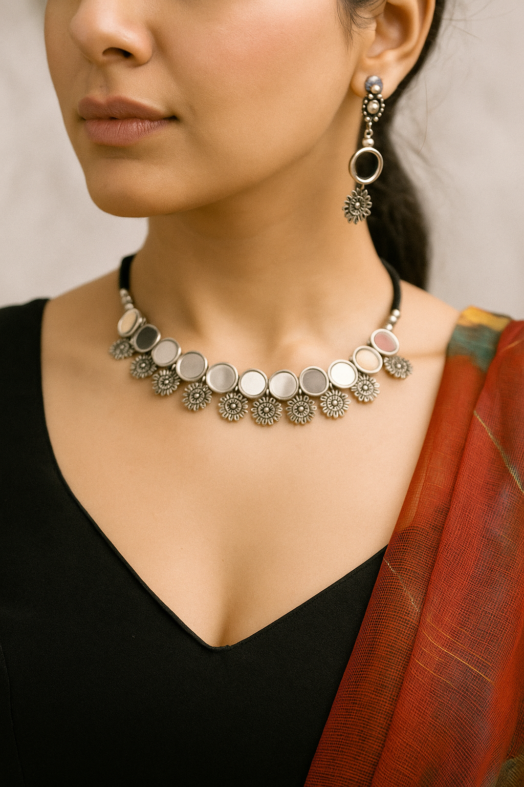 Oxidized Silver Mirror Choker Necklace Set with Floral Charms