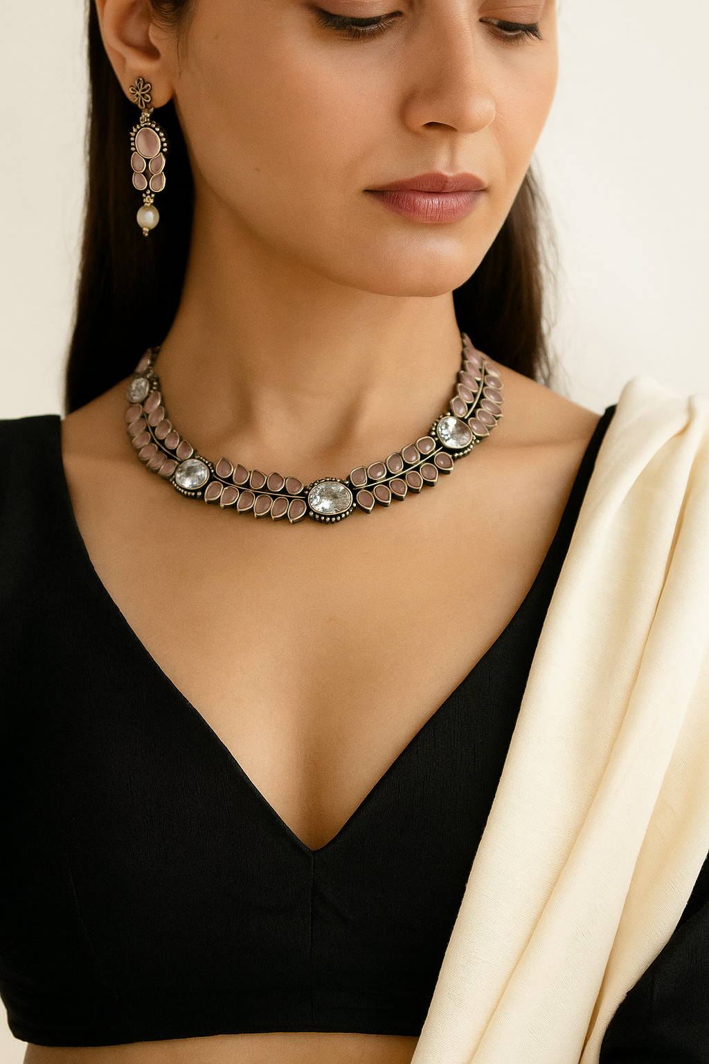 Pink Stone Oxidized Choker Necklace Set with Matching Earrings