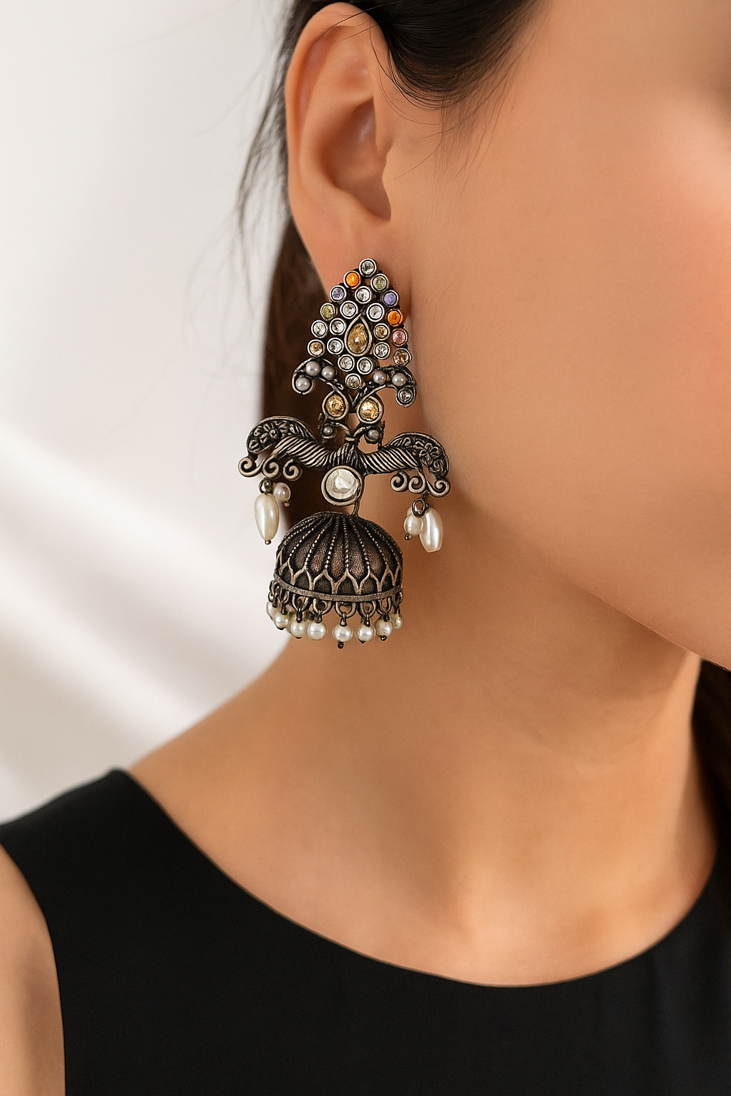 Antique Oxidized Peacock Design Jhumka Earrings with Multicolor Stones