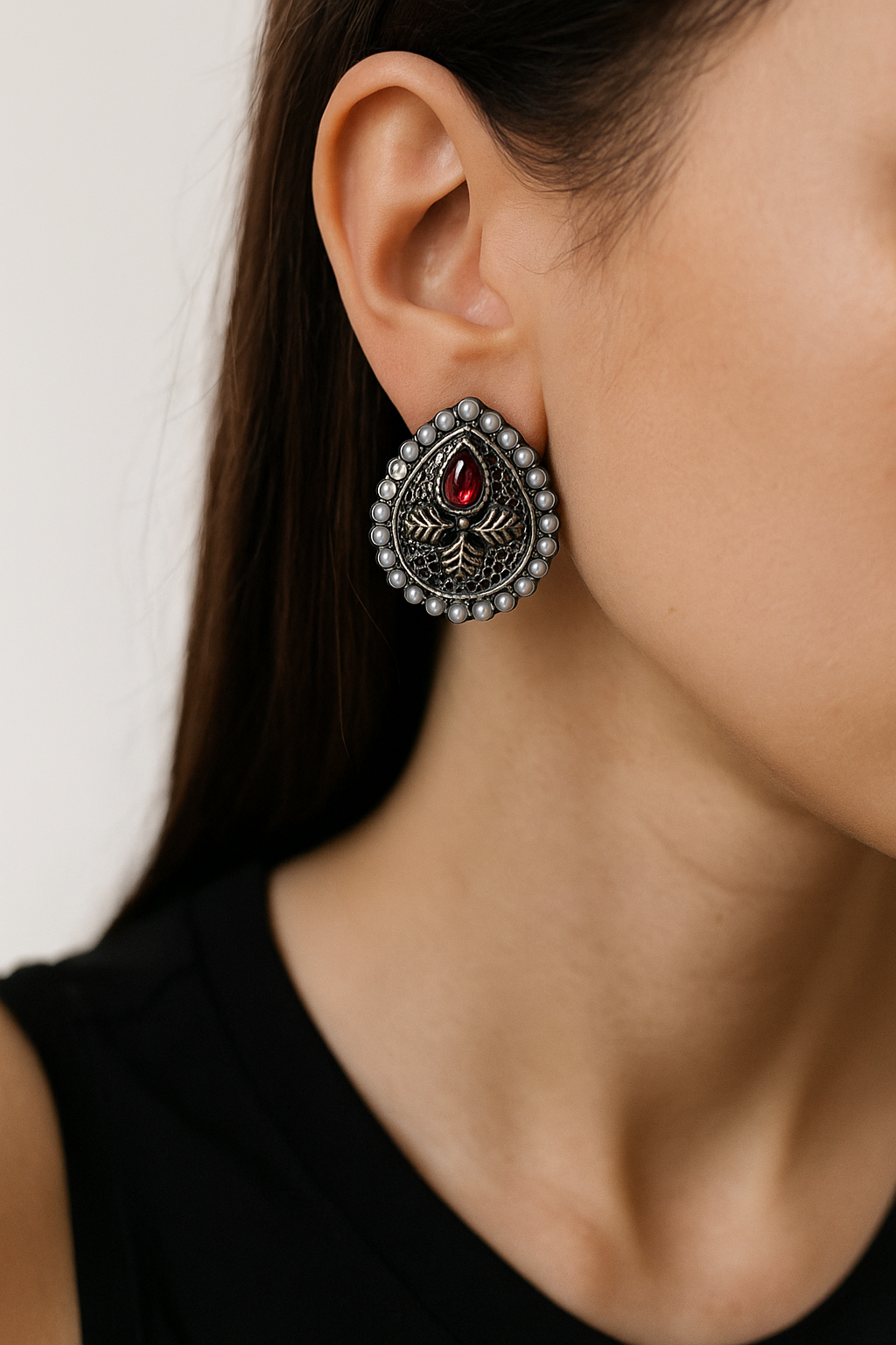 Oxidized Silver Pear Drop Earrings with Red Stone & Pearl Detailing