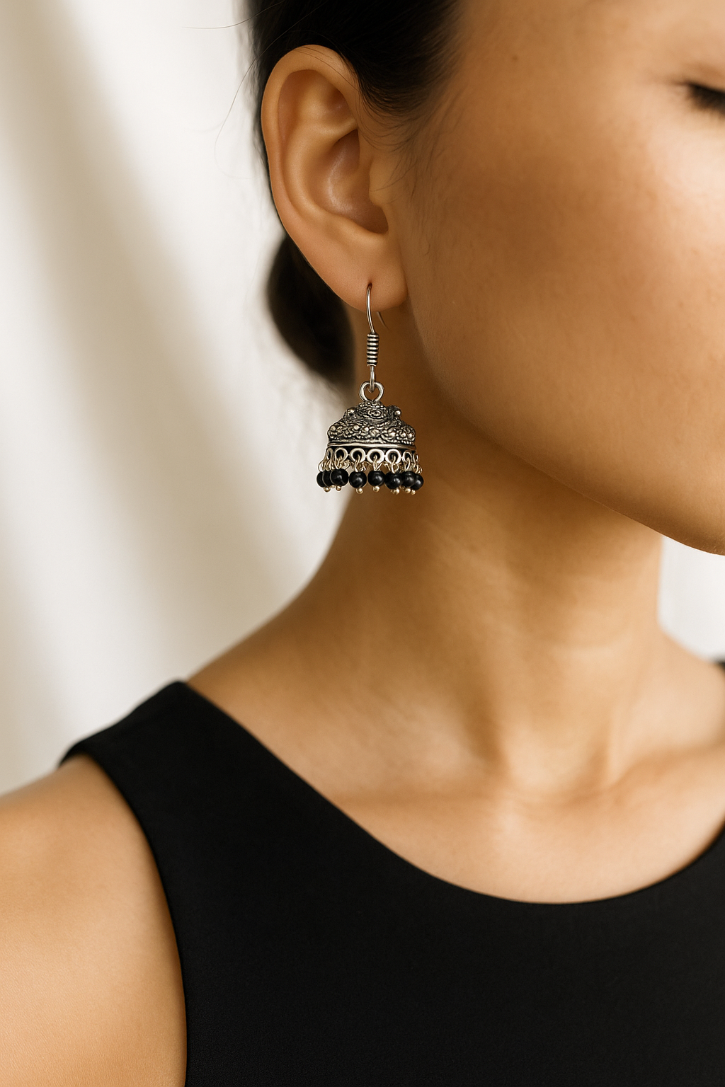 Oxidized Silver Floral Jhumka Earrings with Black Beads
