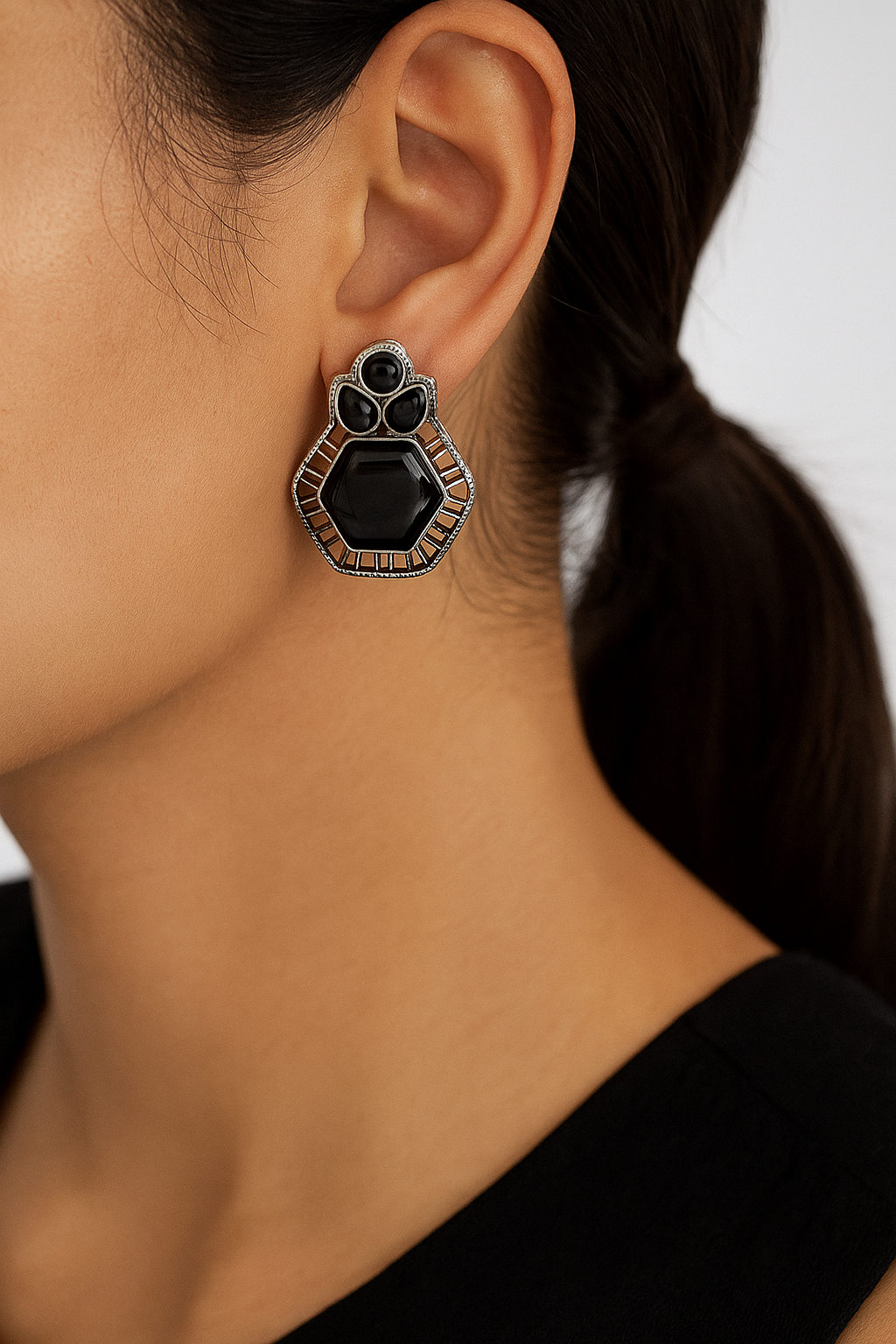 Elegant Black Stone Stud Earrings – Oxidized Silver Finish