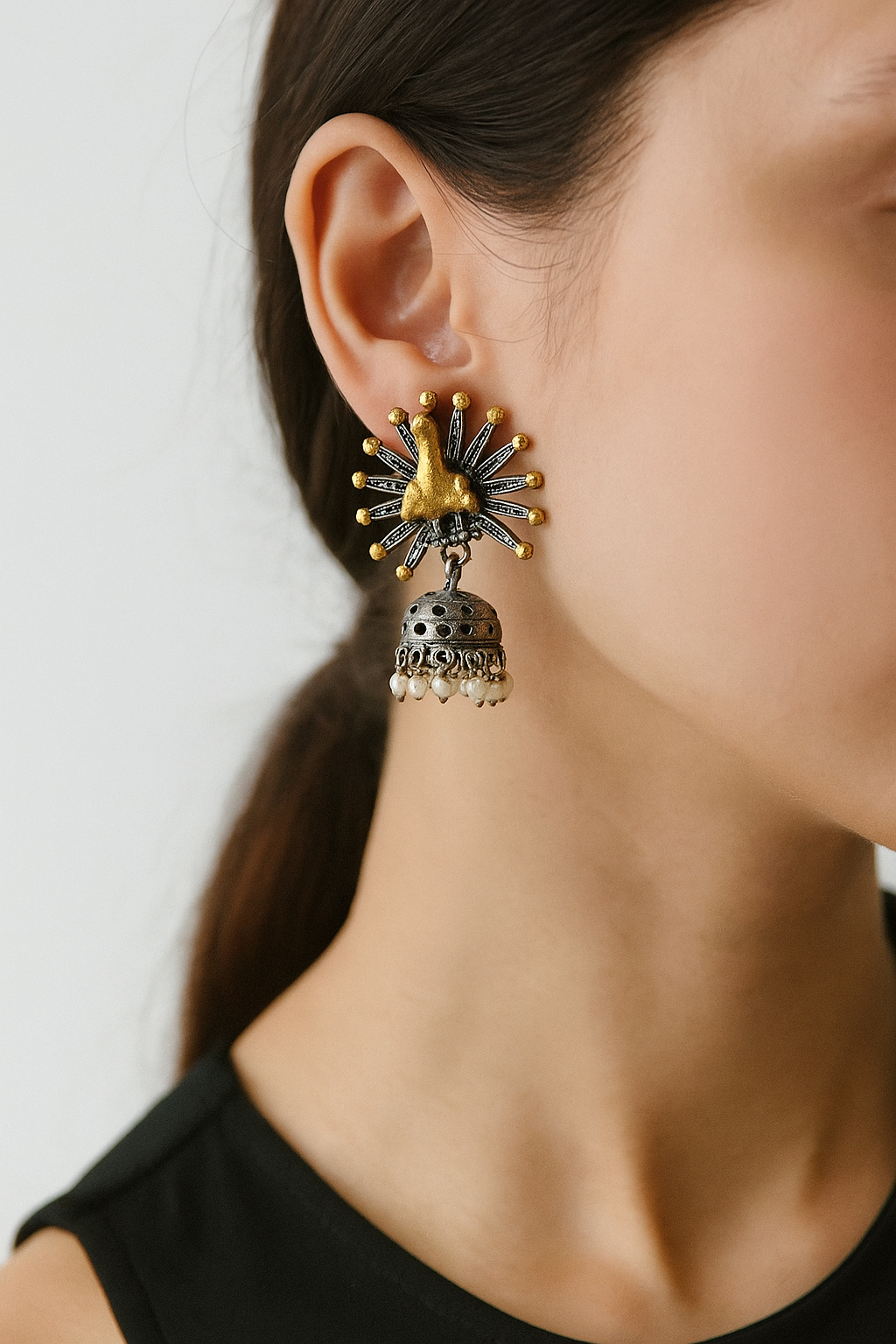 Oxidized Peacock Jhumka Earrings with Golden Detailing & Pearl Drops