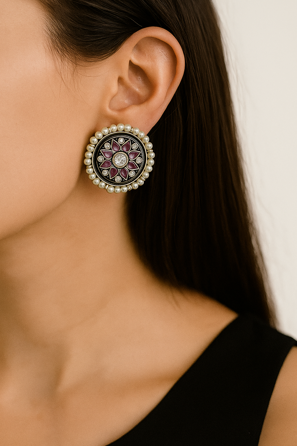 Oxidized Floral Stud Earrings with Ruby Stones & Pearl Border