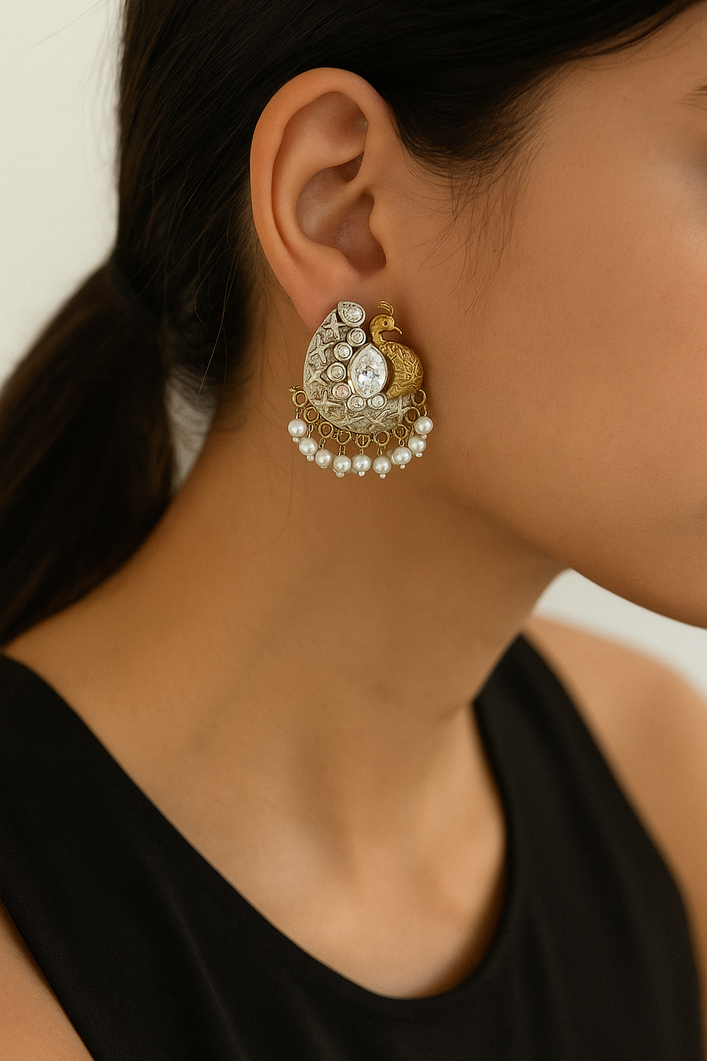 Golden Peacock Earrings with Stones and Pearl Drops