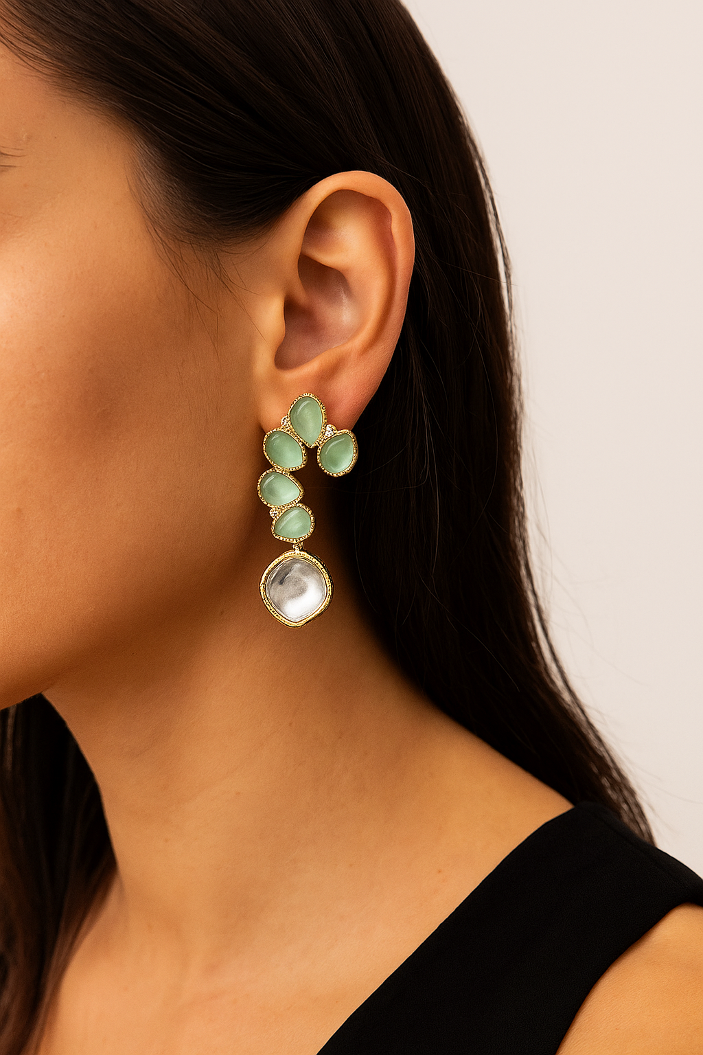 Green Stone & Kundan Drop Earrings with Golden Finish