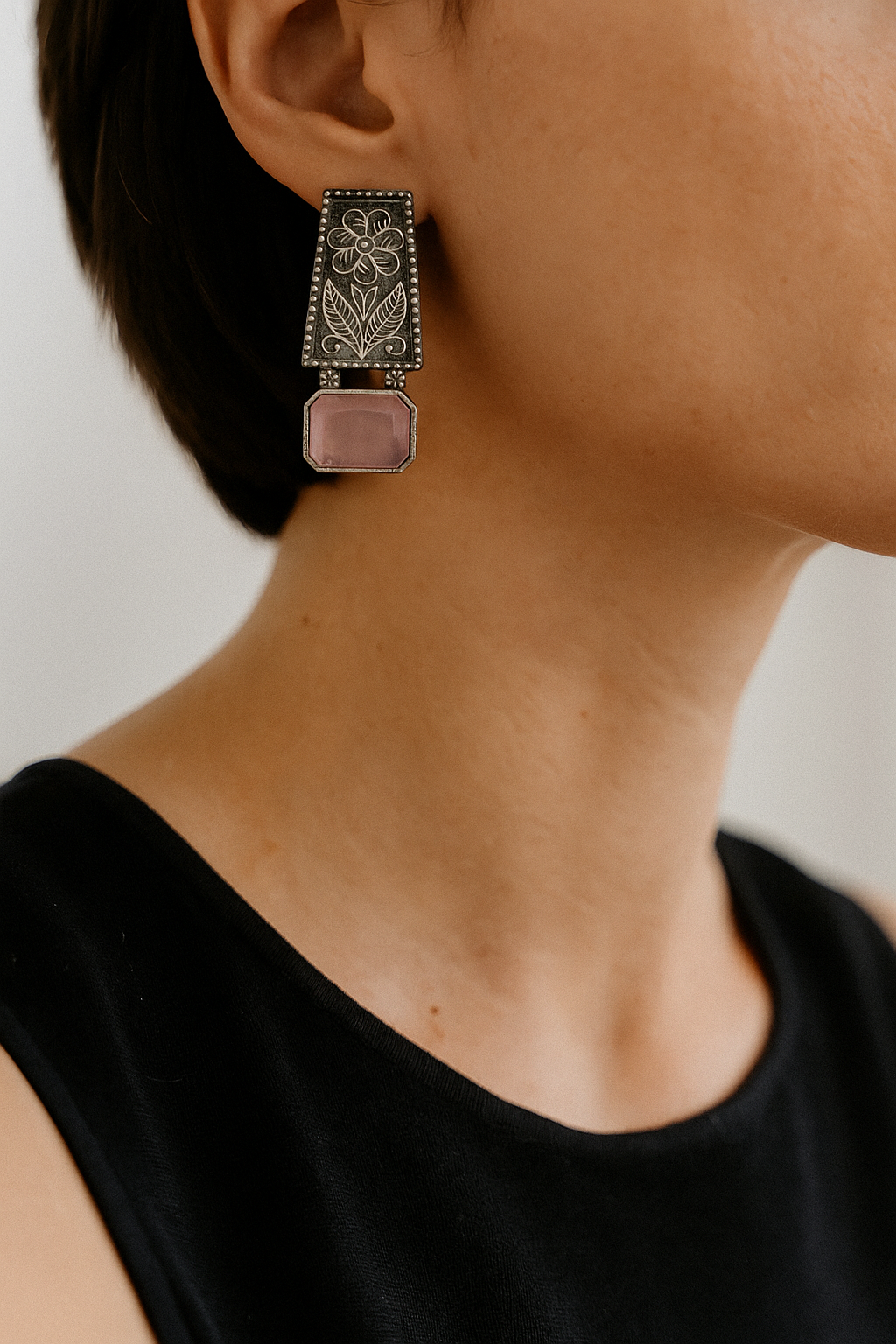 Floral Engraved Oxidised Earrings with Pink Stone